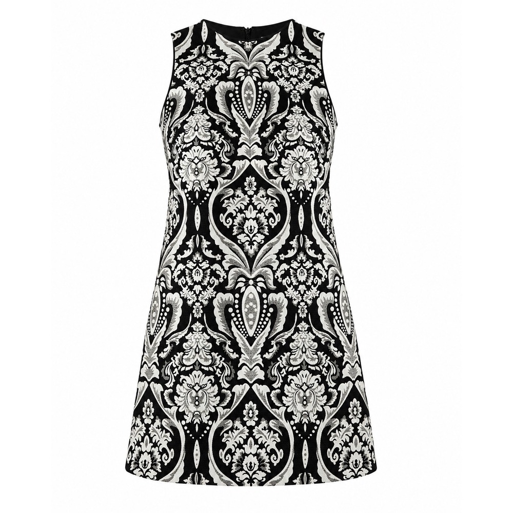 Alice + Olivia Clyde Jacquard Dress Size 4 Black Cream Mod Shift Parisian Chic